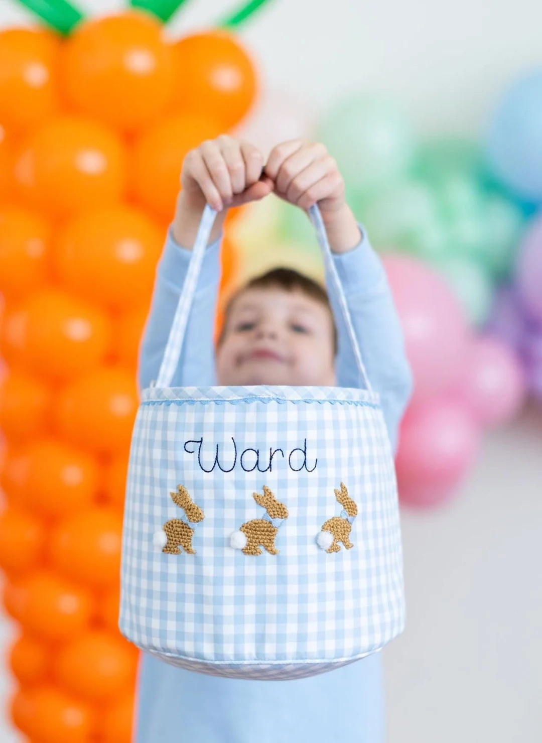 Personalized Blue Gingham Easter Basket, Boys Embroidered Bunny Bag, Girls Pink Monogrammed Easte... | Etsy (US)