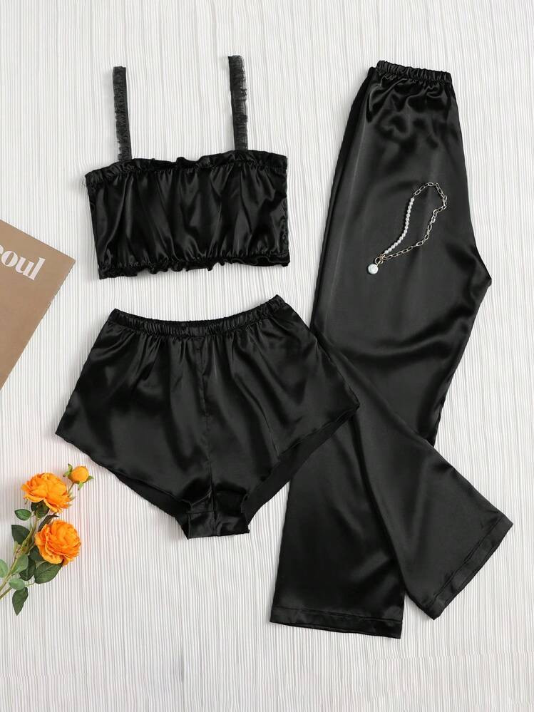 Solid Color Pleated Satin Pajama Set Including Camisole Top, Shorts And Long Pants | SHEIN