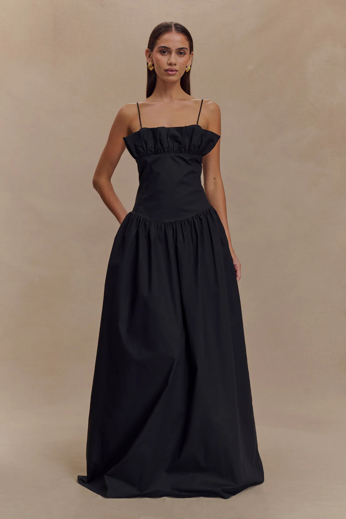 Janis Cotton Frill Maxi Dress - Black | MESHKI US