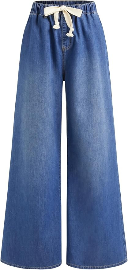 CIDER Drawstring Baggy Wide Leg Jeans for Women High Waisted Pull On Jeans Denim Pants with Pocke... | Amazon (US)