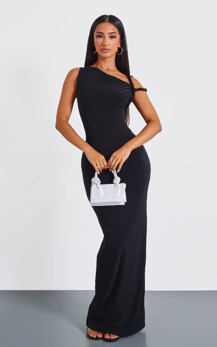 Petite Black Slinky Twist Shoulder Maxi Dress | PrettyLittleThing US
