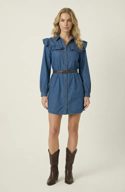 Modenaire Denim Ruffle Collar Shirt Dress in Indigo at Nordstrom, Size Medium | Nordstrom