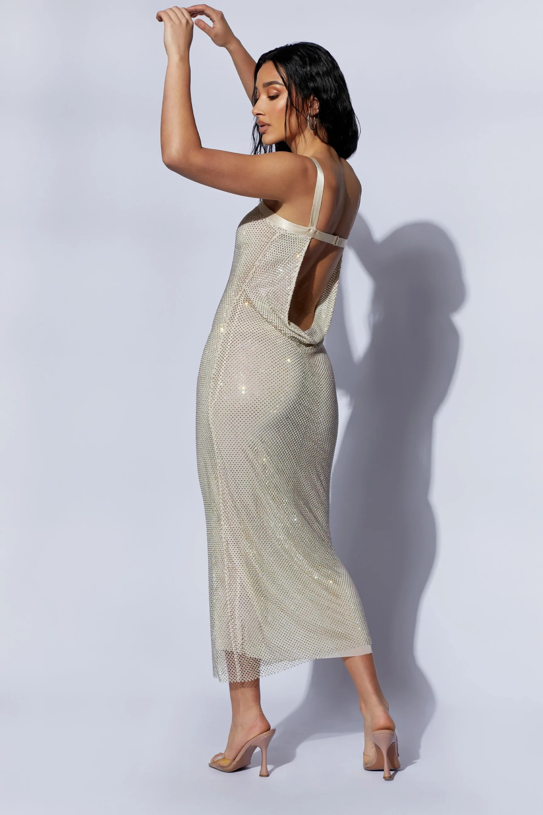 Mehry Diamante Mesh Cowl Dress - Cream | MESHKI US