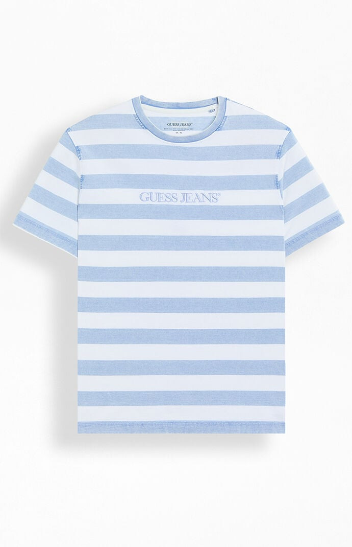 Guess Jeans Men's Striped Embroidered T-Shirt in Blue/White - Medium | PacSun