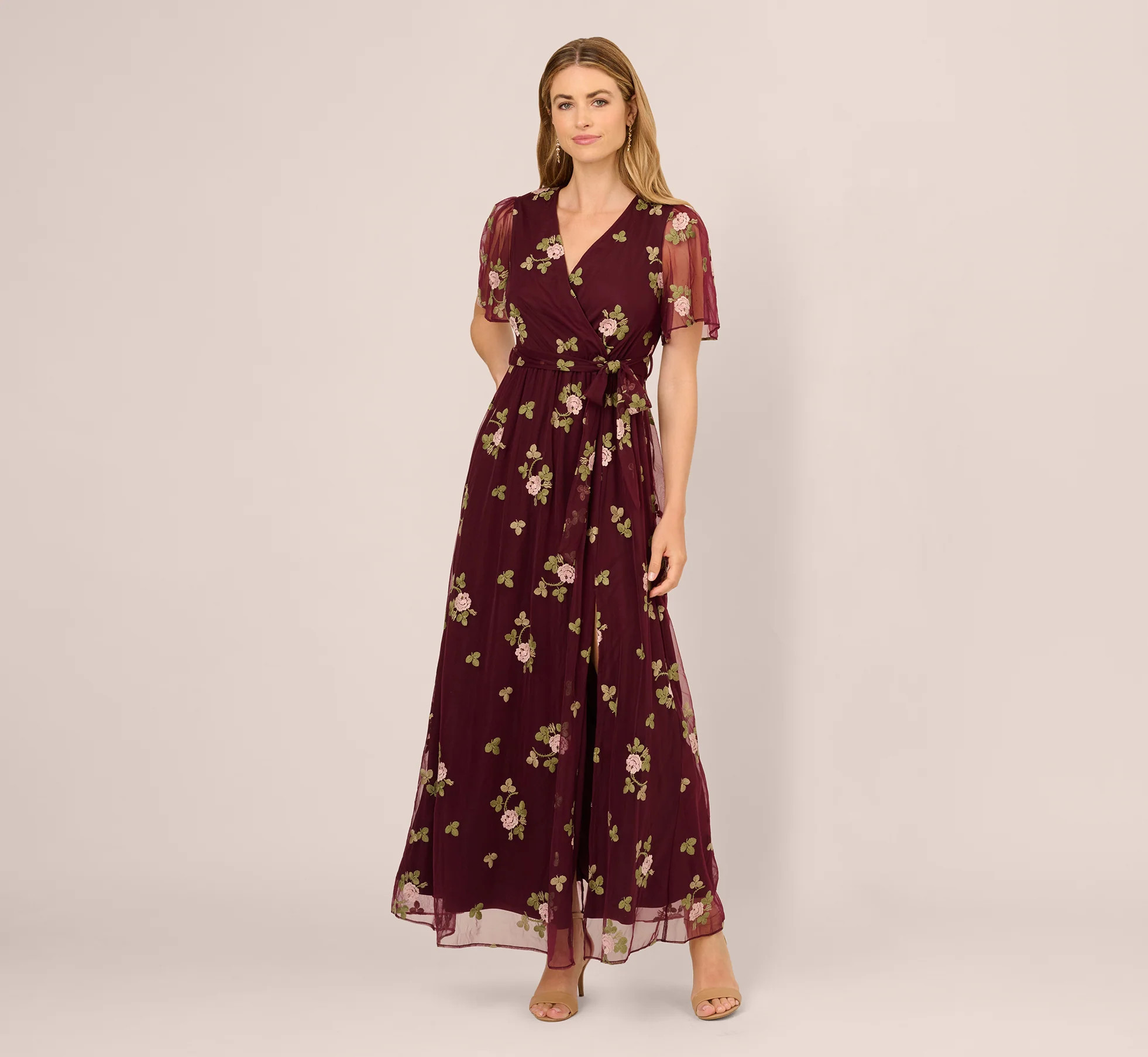 Floral Embroidered Maxi Dress With Sheer Flutter Sleeves In Burgundy Multi | Adrianna Papell