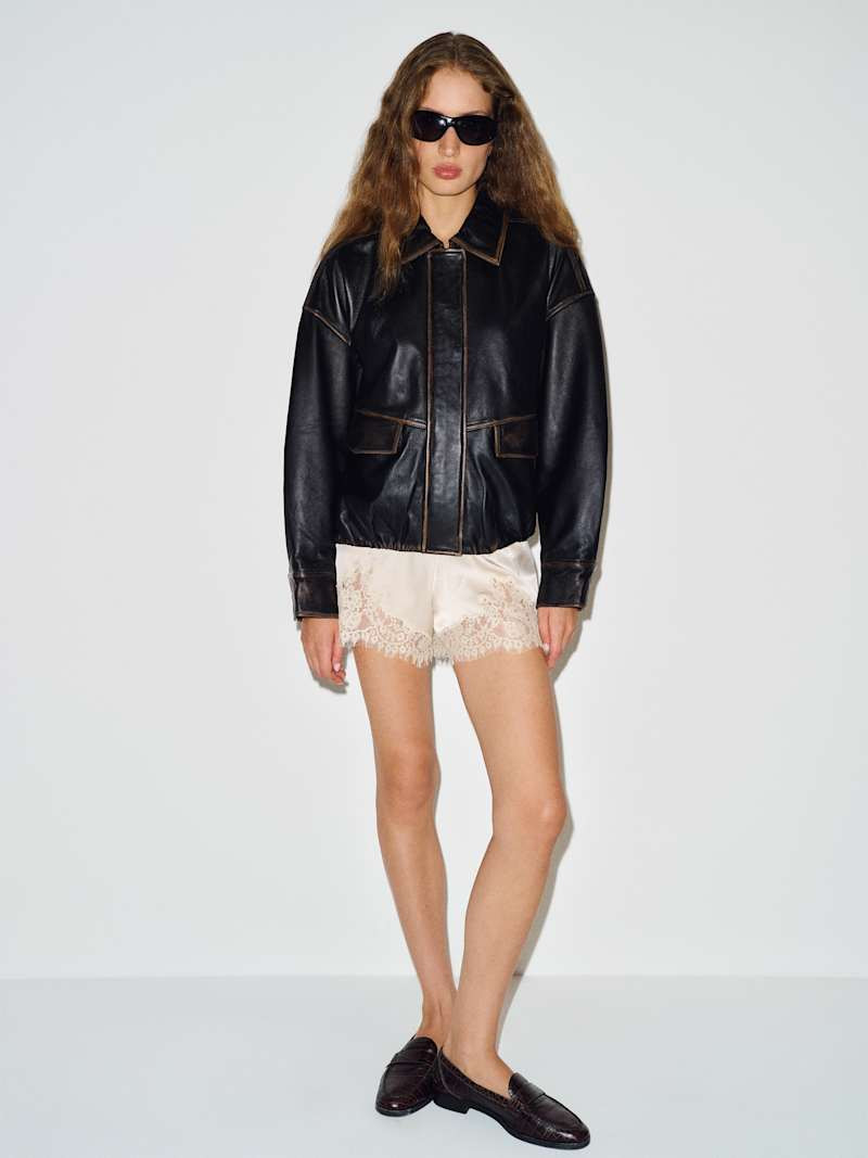 Reformation Veda Taelor Bomber Jacket Black Distressed Leather Medium | Reformation (Global)