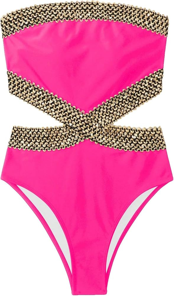 Milumia Women's Stitch Detail Strapless One Piece Swimsuit Cut Out Bandeau Bathing Suit | Amazon (US)