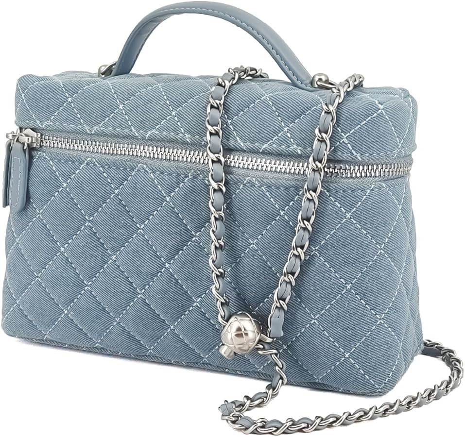 Small Quilted Denim Top-Handle Pouch Purse for Women, Designer Slim Vanity Case, Crossbody Bag wi... | Amazon (US)