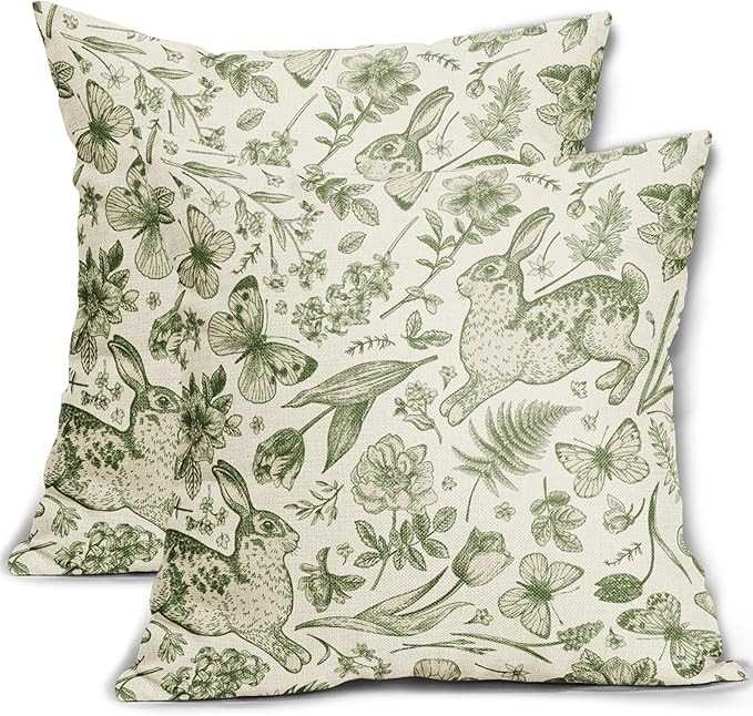 Spring Green Pillow Covers 18x18 Inch Set of 2 Rabbit Bunny Floral Leaf Butterfly Botanical Plant... | Amazon (US)