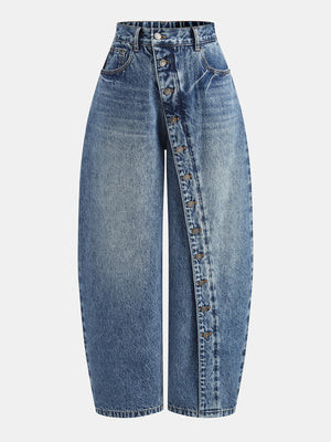 Diagonal Button High Waist Barrel Jeans | Commense