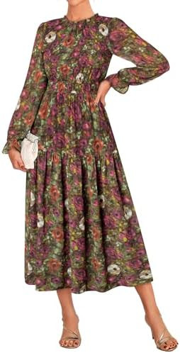 GRACE KARIN Women's Long Sleeve Maxi Dress Fall 2025 Chiffon Flowy Wedding Guest Dresses Floral T... | Amazon (US)