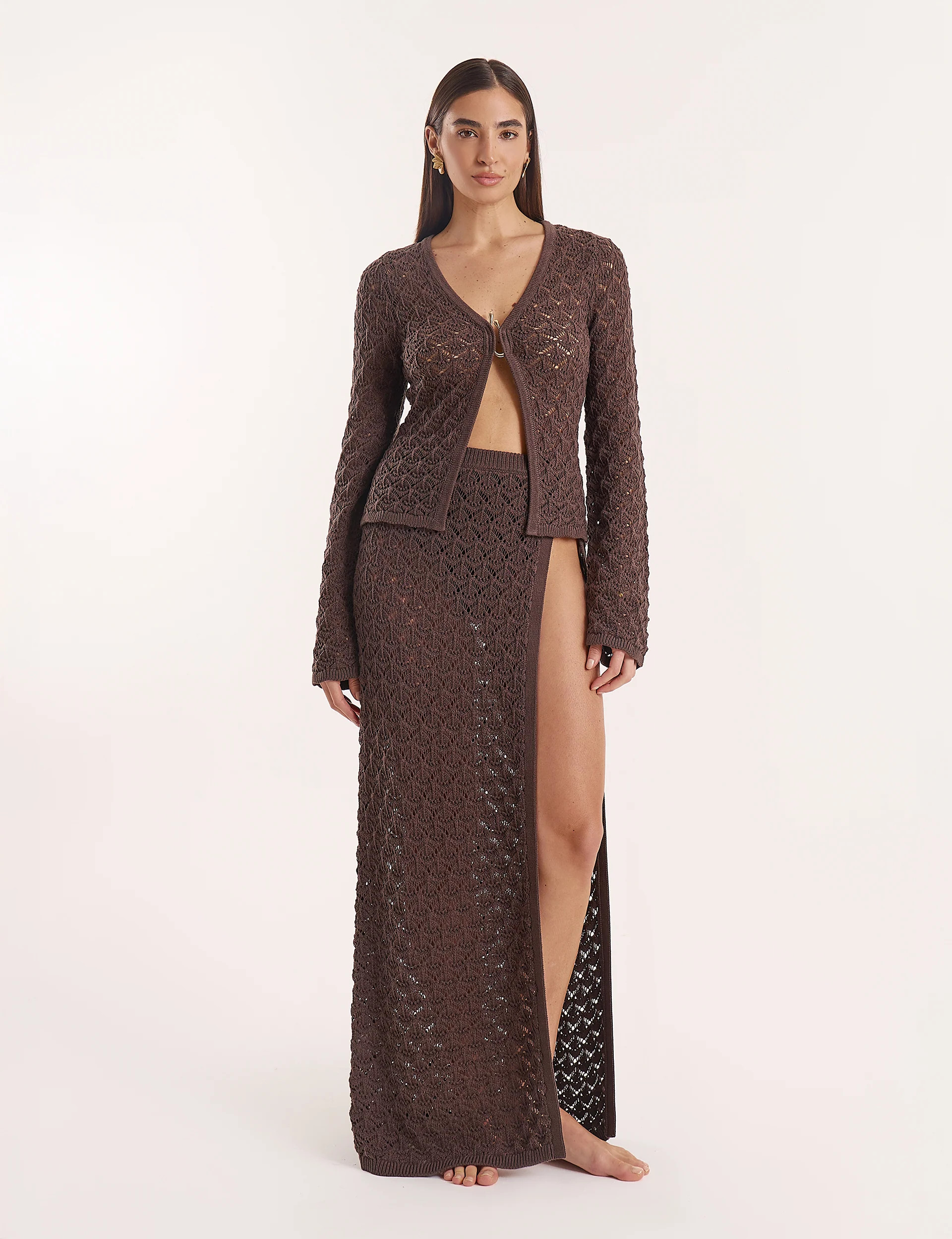 Women's Chocolate Brown Crochet Thigh Split Maxi Skirt | Dellina | 4th & Reckless | 4th & Reckless