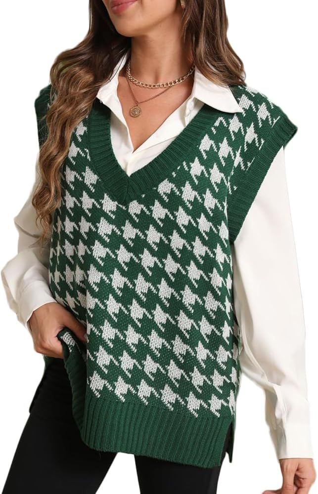 Sunfaynis Women's V Neck Houndstooth Sweater Vest Sleeveless Loose Pullover Sweater | Amazon (US)