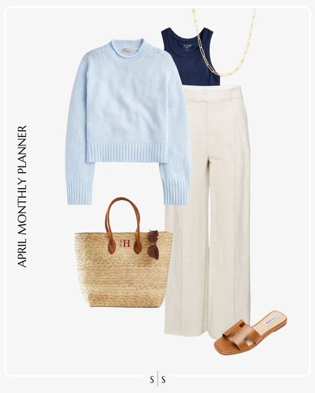 Monthly outfit planner: APRIL: Spring looks | blue sweater, linen trouser, brown sandal, straw tote, navy tank 

See the entire calendar on thesarahstories.com ✨ 


#LTKstyletip