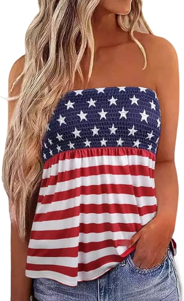 MHTOR American Flag Strapless Bandeau Tank Casual Sleeveless 4th of July Patriotic Tube Top Shirt Bl | Amazon (US)