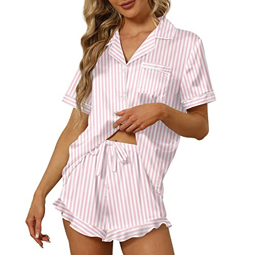 SAPJON Satin Silk Pajamas for Women 2Pcs Ruffle Notch Collar Sleepwear Button Down Short Sleeve S... | Amazon (US)