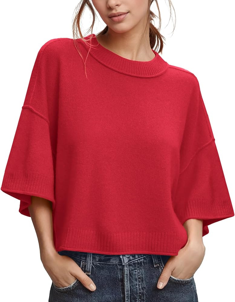 ZDC Women's Oversized Sweaters Summer 3/4 Sleeve Casual Cropped Tops Lightweight Loose Fit Knit P... | Amazon (US)