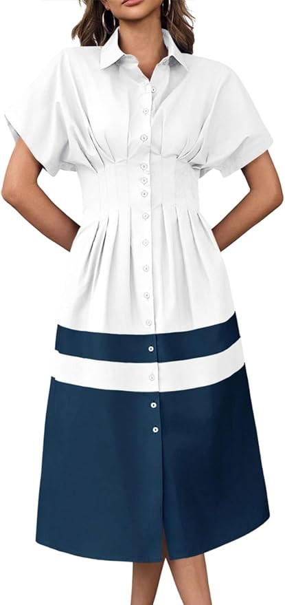 Wenrine Womens Summer Button Down Shirt Dress Casual Color Block V Neck Short Sleeve Corset Maxi ... | Amazon (US)