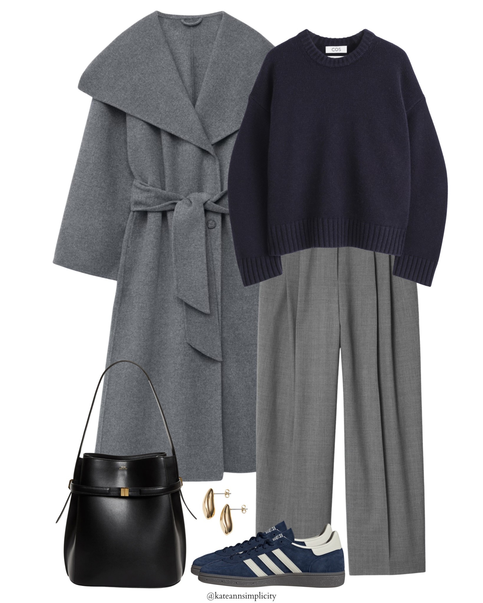 Minimal elegance for everyday wear: a tailored grey wool coat layered over a navy knit, fluid grey trousers, and classic navy sneakers. Finished with a structured black leather bag and subtle gold earrings for effortless, modern sophistication.

Minimalist women’s outfit featuring a grey wool wrap coat, navy sweater, tailored grey trousers, navy suede sneakers, and a black leather bucket bag. Timeless capsule wardrobe look combining smart casual style, neutral tones, and modern Scandinavian fashion aesthetics. Perfect for city wear, work-to-weekend outfits, and refined everyday styling.

#LTKGiftGuide #LTKOver40 #LTKselfcare