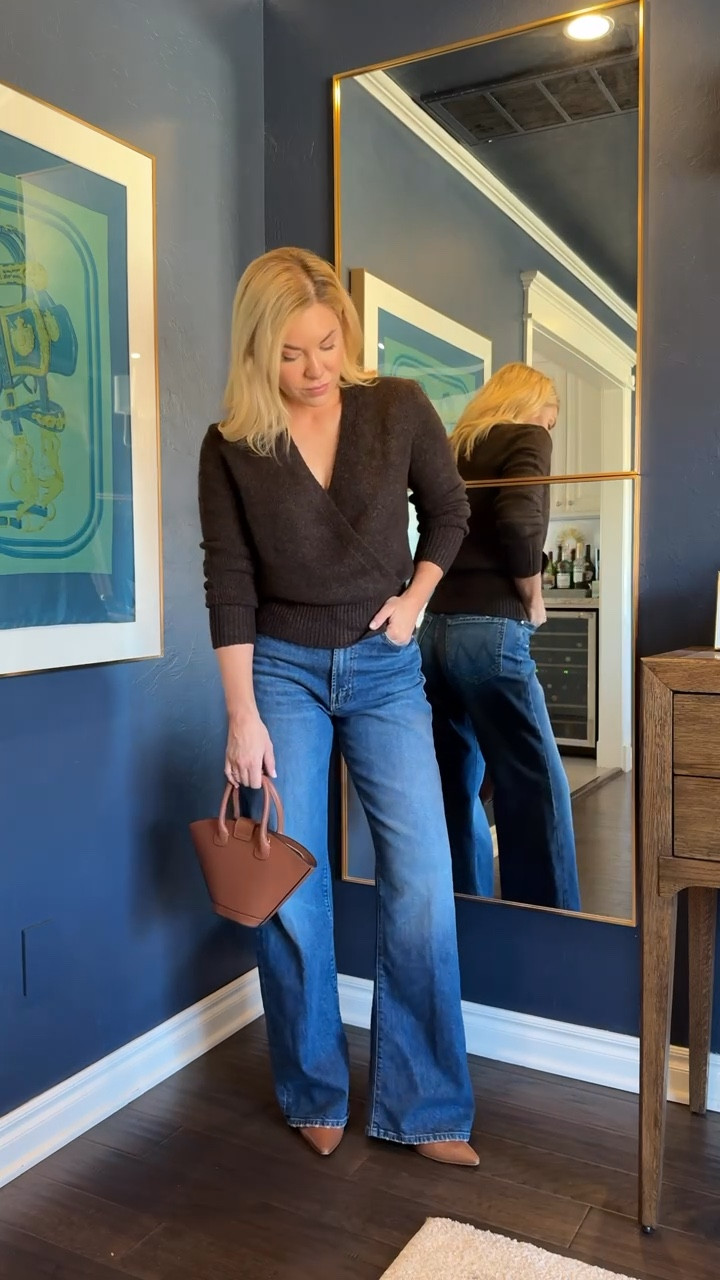 These are a cross between a barrel and wide leg jeans - as far as length I am 5’4 with long legs.

Mother jeans 
Wrap sweater 
Sweater
#ltkshoecrush
#ltkitbag

#LTKStyleTip #LTKFindsUnder100 #LTKSeasonal