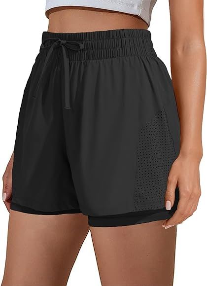 Pinspark Athletic Shorts for Women 2 in 1 Drawstring High Waisted Running Shorts Gym Quick Dry Sh... | Amazon (US)
