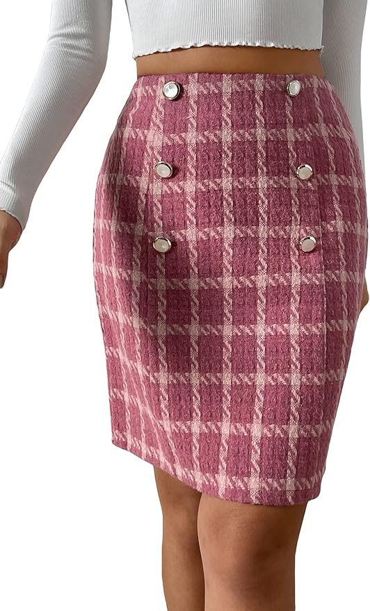 WDIRARA Women's Tweed Plaid High Waisted Button Decor Elegant Bodycon Midi Pencil Skirt | Amazon (US)