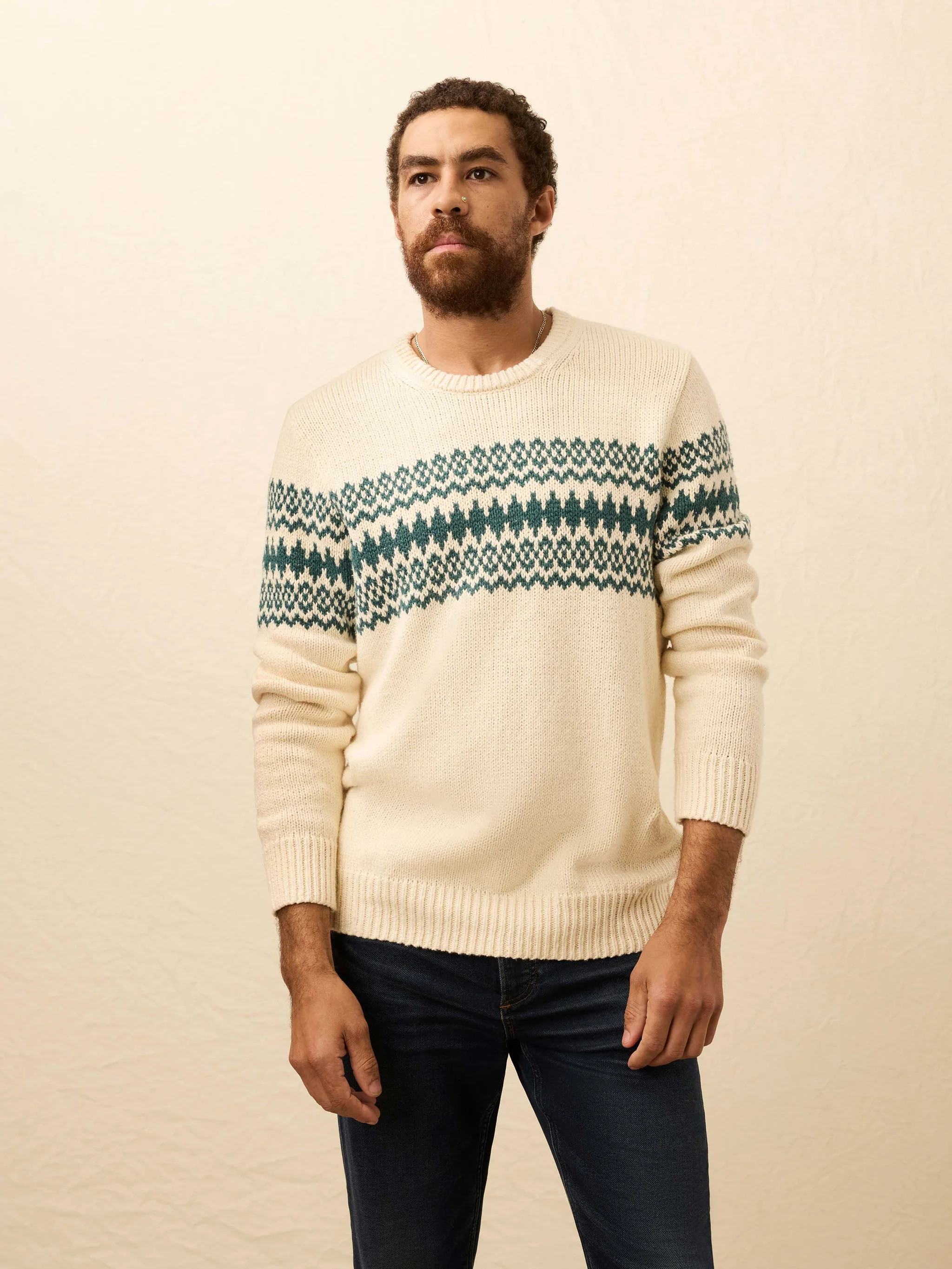 Heirloom Cotton Crewneck Sweater - Cream Forest Fairisle | Faherty
