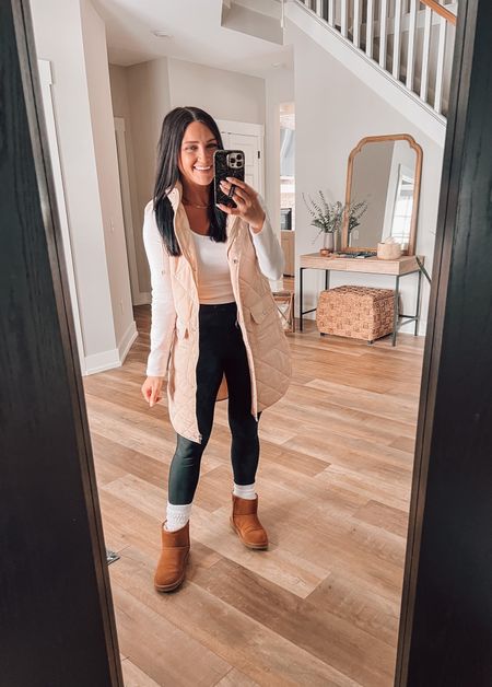 Cozy for a cold day filled with kids sports! Love this long puffer vest that isn’t too thick and can be worn all day and my go to fleece lined leggings! 

#LTKunder100