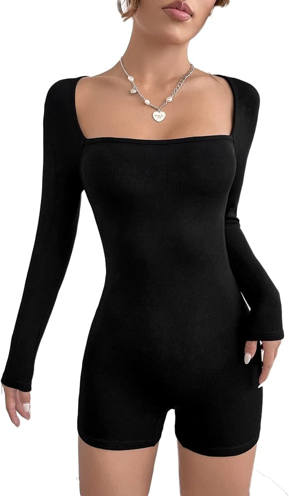 Verdusa Women's Long Sleeve Square Neck Ribbed Bodycon Unitard Romper Short Jumpsuits | Amazon (US)