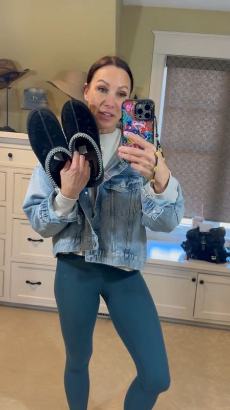 Nothing like leggings,Jean jacket and a pair of Ugg slippers to scream spring weather. Wearing size small in jacket. Size 4 in leggings and size 8 in slippers. 

#LTKstyletip #LTKVideo #LTKover40