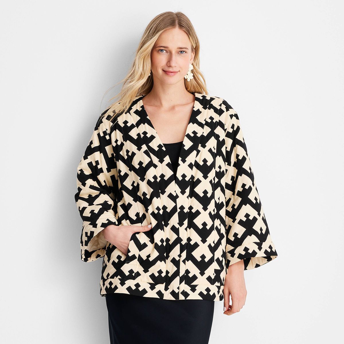 Women's Geo Print Oversized Quilted Jacket - Future Collective™ with Jenny K. Lopez Black/Cream | Target