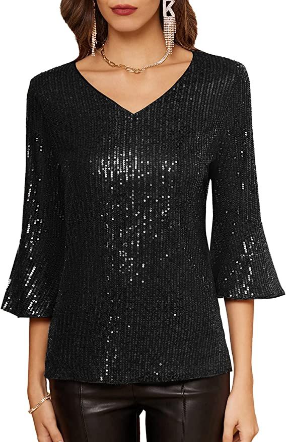 GRACE KARIN Sequin Tops for Women 3/4 Bell Sleeve V-Neck Cut-Out Shiny Metallic Sparkly Glitter P... | Amazon (US)