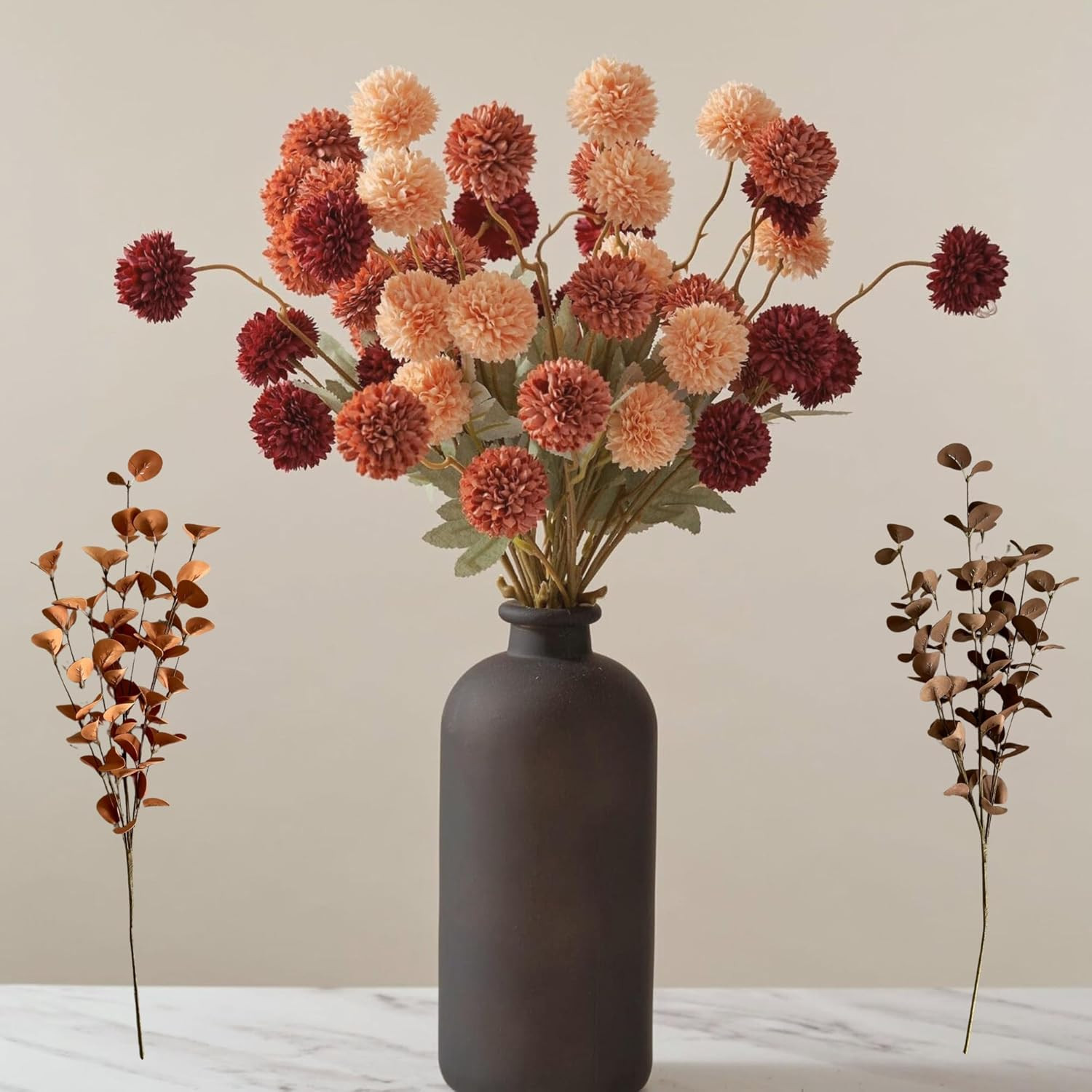RyddeligHome Burnt Orange Faux Kiku Flower 10 Stems + 18 Brown Eucalyptus Stems, Assorted Artific... | Amazon (US)