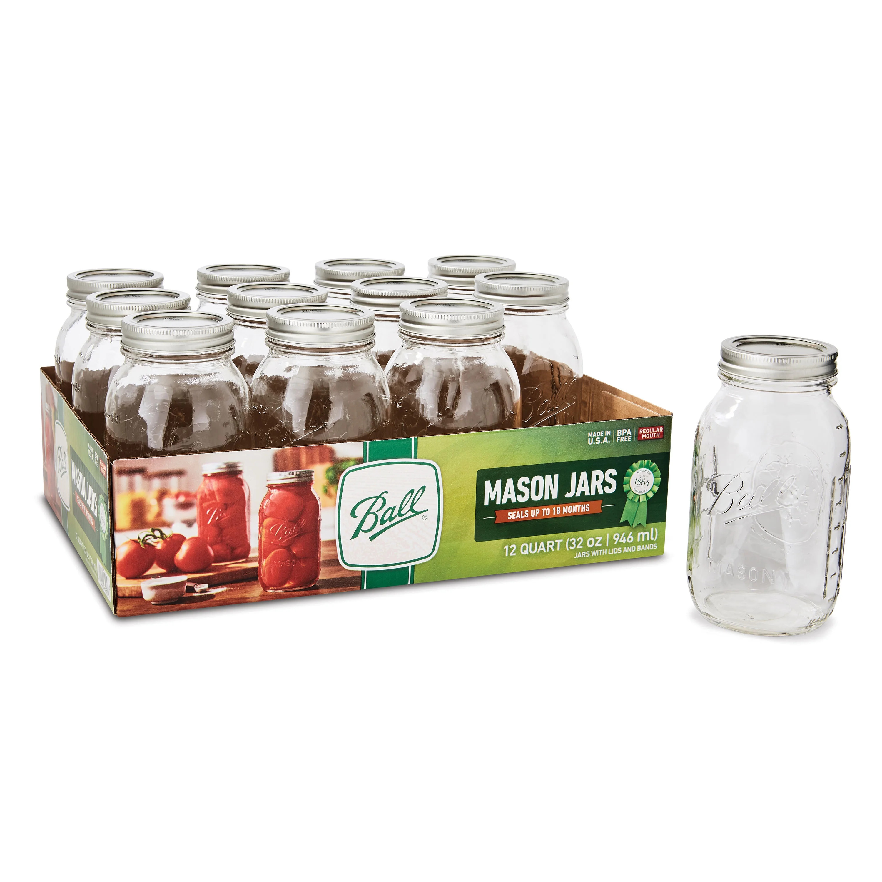 Ball Mason Regular Mouth Quart Jars with Lids and Bands, Set of 12 | Walmart (US)