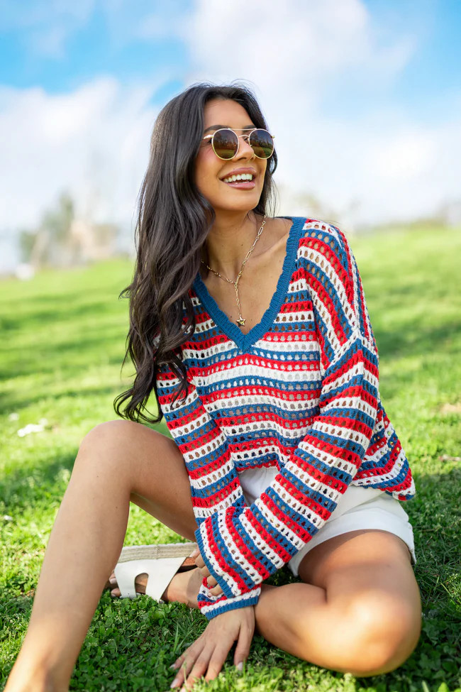 Chasing Rainbows V-Neck Red, White, And Blue Striped Crochet Sweater S | Pink Lily
