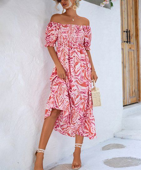 La Mode Pink Abstract Puff Sleeve Midi Dress - Women | Zulily