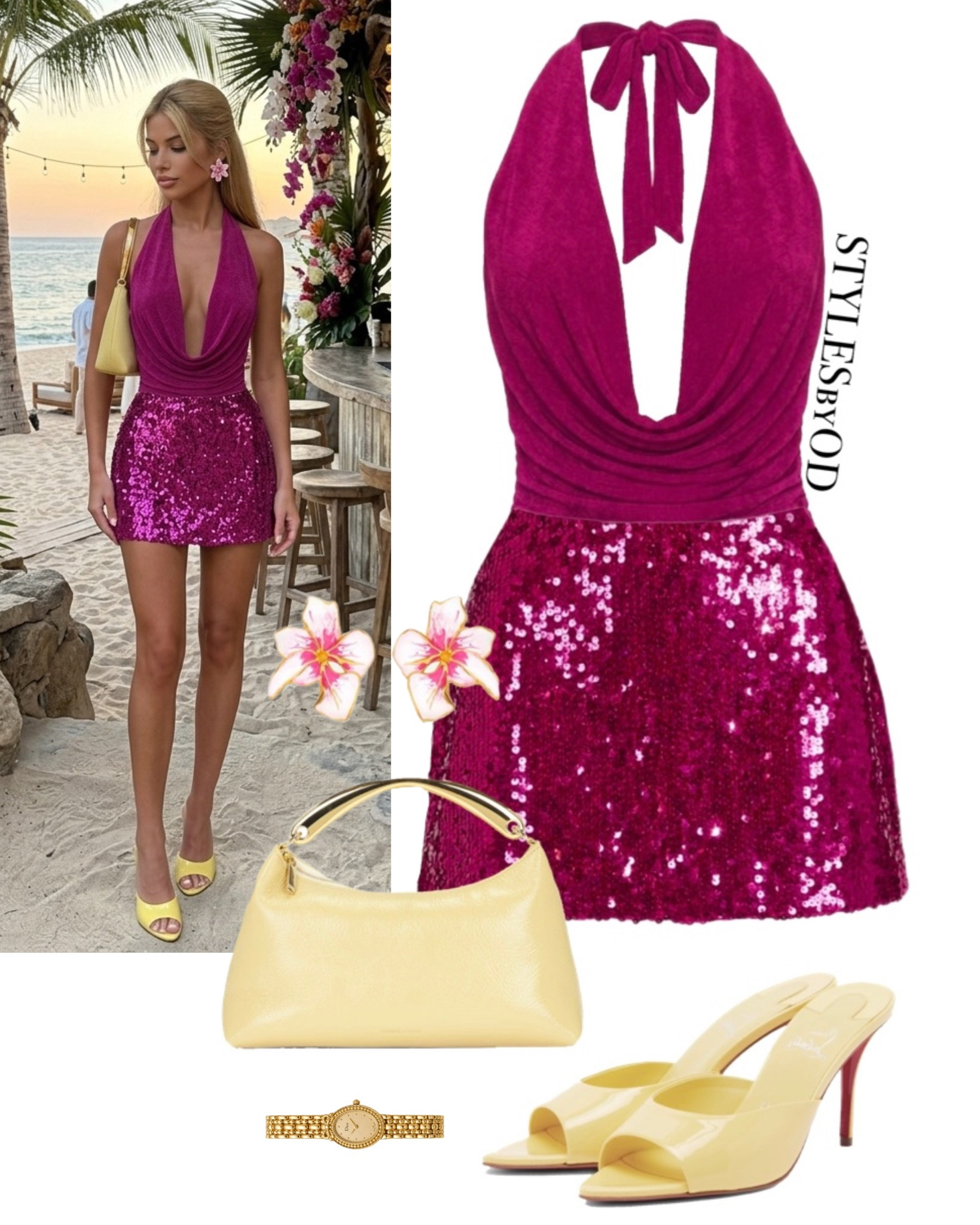 The ultimate vacation party look for golden hour drinks and beach club nights🌺✨

This vibrant magenta sequin mini set steals the show with a dramatic cowl-neck halter and high-shine glitter skirt. To create a fresh, high-contrast color block, it’s paired with soft butter-yellow patent mules and a matching shoulder bag for that effortless sun-kissed glam🌅🤌🏼

#VacationOutfit #PartyOutfit #LTKFashion #LTKstyletip #LTKshoes #LTKsummer

#LTKdatenight #LTKpartywear #LTKtravel