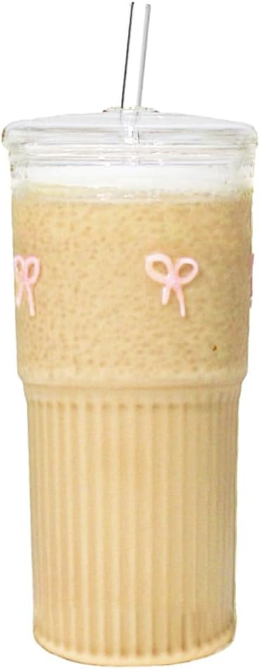 Aesthetic Bow Glass Tumbler with Lid and Straw, 20oz Icon Glass Cup with Cute Pink Bow Coquette I... | Amazon (US)