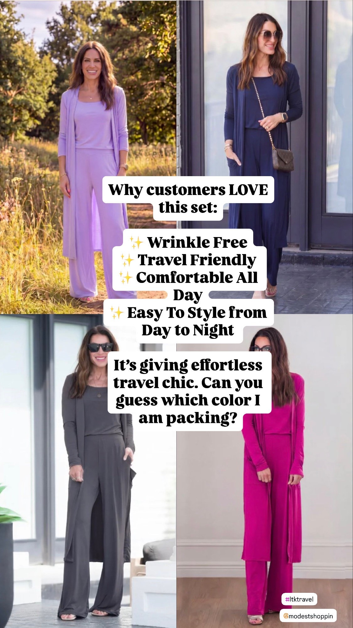 Travel Outfit 

✈️ Guess which color is headed to Italy with me? 🇮🇹

After reading hundreds of rave reviews, I finally grabbed this 3-piece travel set for our upcoming flight to Italy—and I completely understand the hype.

✨ Includes all 3 pieces for under $100
✨ Wrinkle-resistant fabric
✨ Perfect for long-haul flights
✨ Comfortable enough to sleep in
✨ Polished enough for dinner when you land
✨ Endless mix-and-match possibilities

This is the kind of outfit that takes you from airport check-in to sightseeing to dinner without skipping a beat.

Now tell me…which color do you think made it into my suitcase? 💜💙🩶💗

Comment your guess below!

Also included some of my favorite travel essentials. #TravelStyle #AirportOutfit #TravelOutfit #ItalyTravel #WrinkleFreeFashion #TravelEssentials 

travel outfit women, airport outfit, wrinkle free clothing, travel capsule wardrobe, Italy travel outfit, airplane outfit women, comfortable travel clothes, matching lounge set, 3 piece travel set, travel essentials women, vacation outfit, resort wear, comfy chic outfit, wide leg pants outfit, travel fashion, wrinkle resistant clothing, capsule wardrobe pieces, airport style, vacation wardrobe, travel day outfit

#LTKTravel #LTKOver40 #LTKSaleAlert #LTKActive