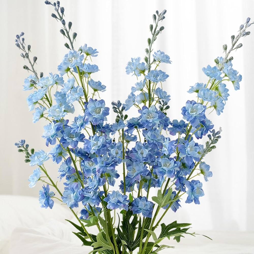 4Pcs Blue Delphinium Artificial Flowers, 34'' Lifelike Faux Larkspur Silk Flowers,Long Stem Fake ... | Amazon (US)