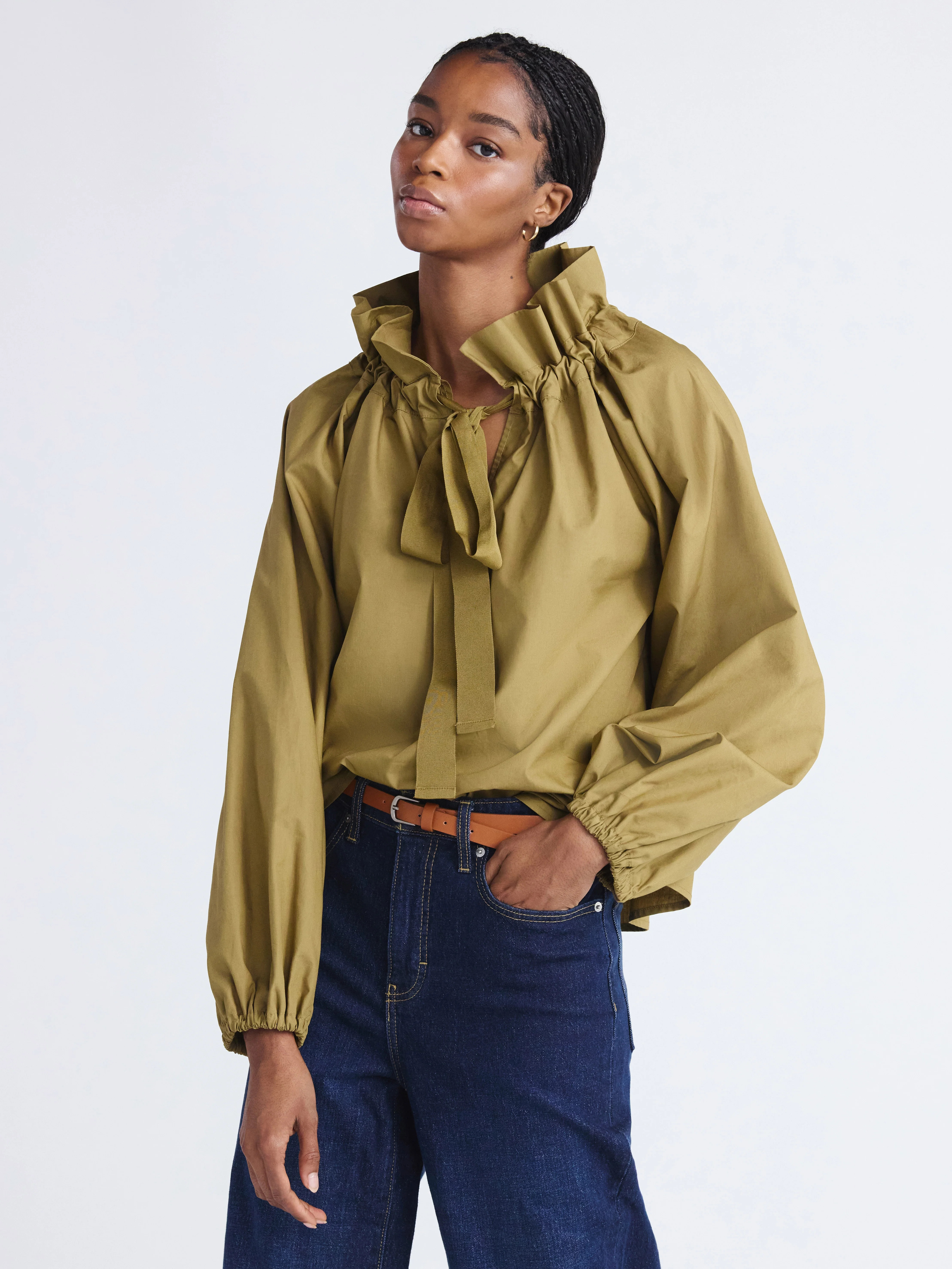 Free Assembly Women's and Women's Plus Size Ruffle Neck Cotton Top with Long Sleeves, XS-4X | Walmart (US)