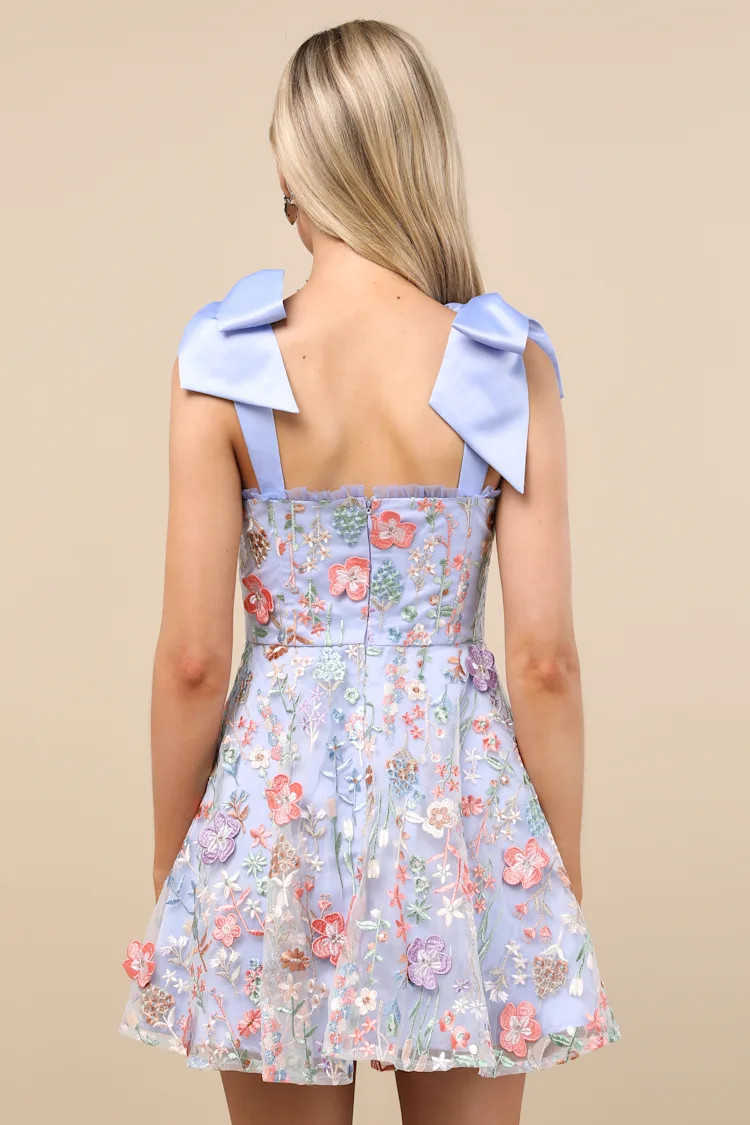 Astara Periwinkle Floral Embroidered Tie-Strap Mini Dress | Lulus