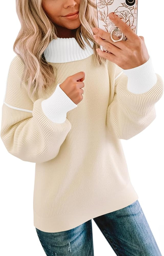 ECOWISH Women Fall Pullover Sweater Turtleneck Plaid Long Sleeve Loose Casual Chunky Checked Knit... | Amazon (US)