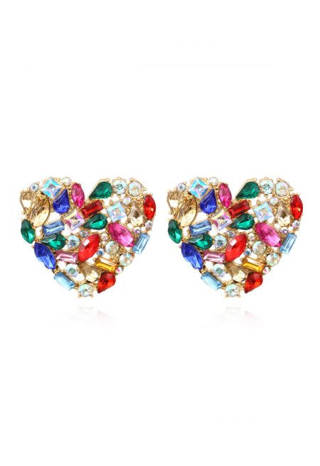 Rainbow Rhinestone Heart Earrings | Chicwish