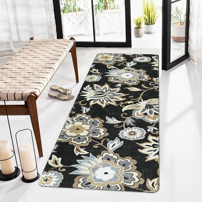 Lahome Floral 2x5 Washable Rug Runner - Black Entryway Kitchen Runner Rug Non-Slip Ultra-Thin Sta... | Amazon (US)