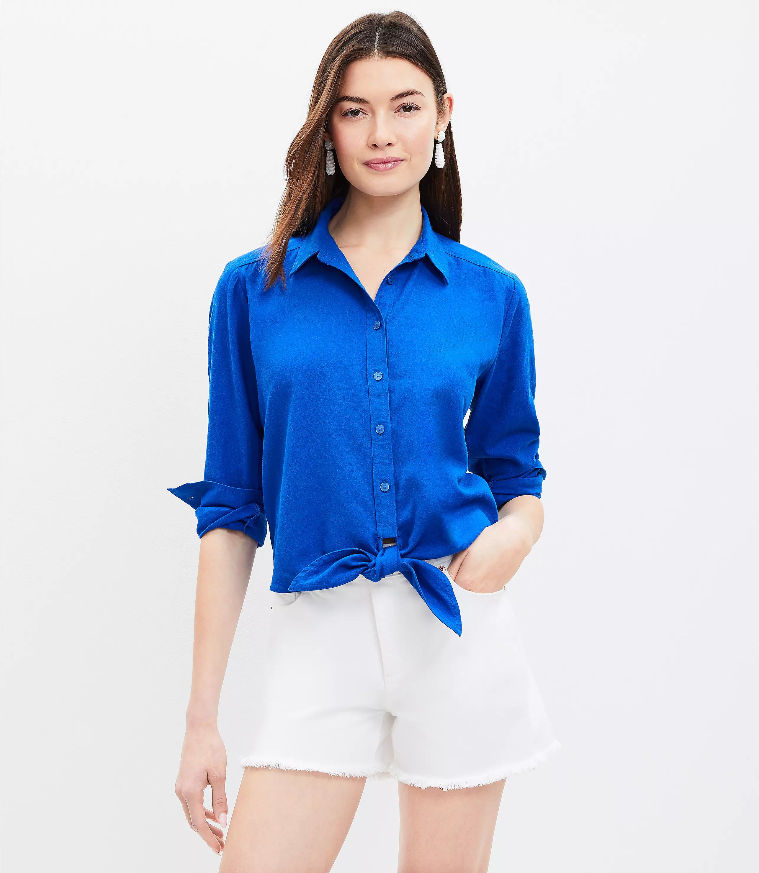 Petite Tie Front Linen Blend Shirt | LOFT