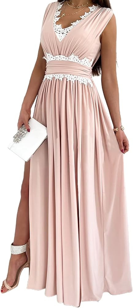 BLENCOT Women's Casual Floral Lace V Neck Short Sleeve Long Evening Dress Cocktail Party Maxi Wed... | Amazon (US)