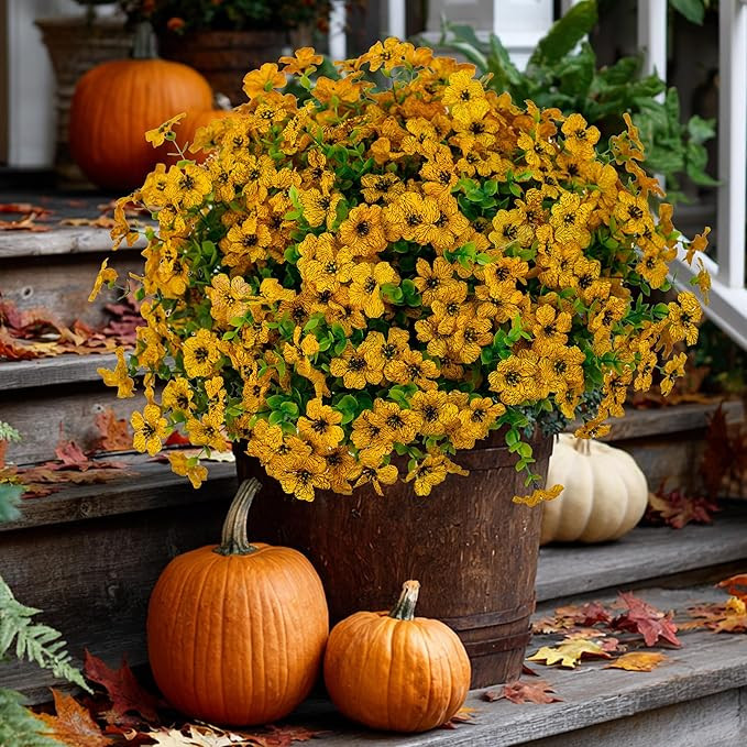 Artificial Fall Flowers for Outdoors Fake Mums - 16 Bundles Faux Plants Outside Greenery Boxwood ... | Amazon (US)