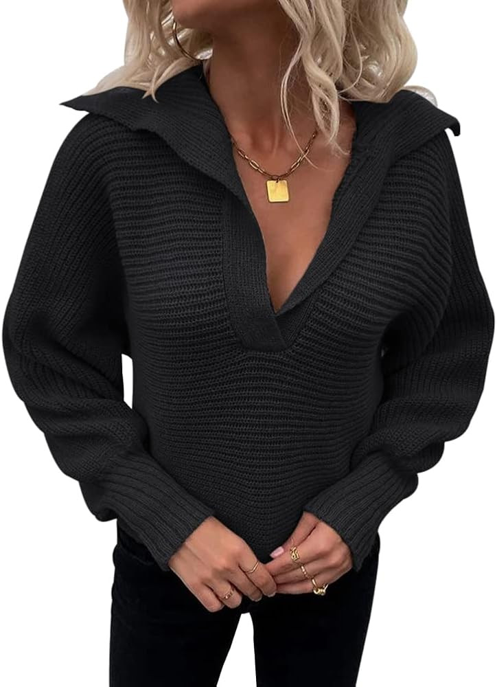 Womens V Neck Batwing Long Sleeve Pullover Sweaters Collared Lightweight Loose Casual Warm Ribbed... | Amazon (US)