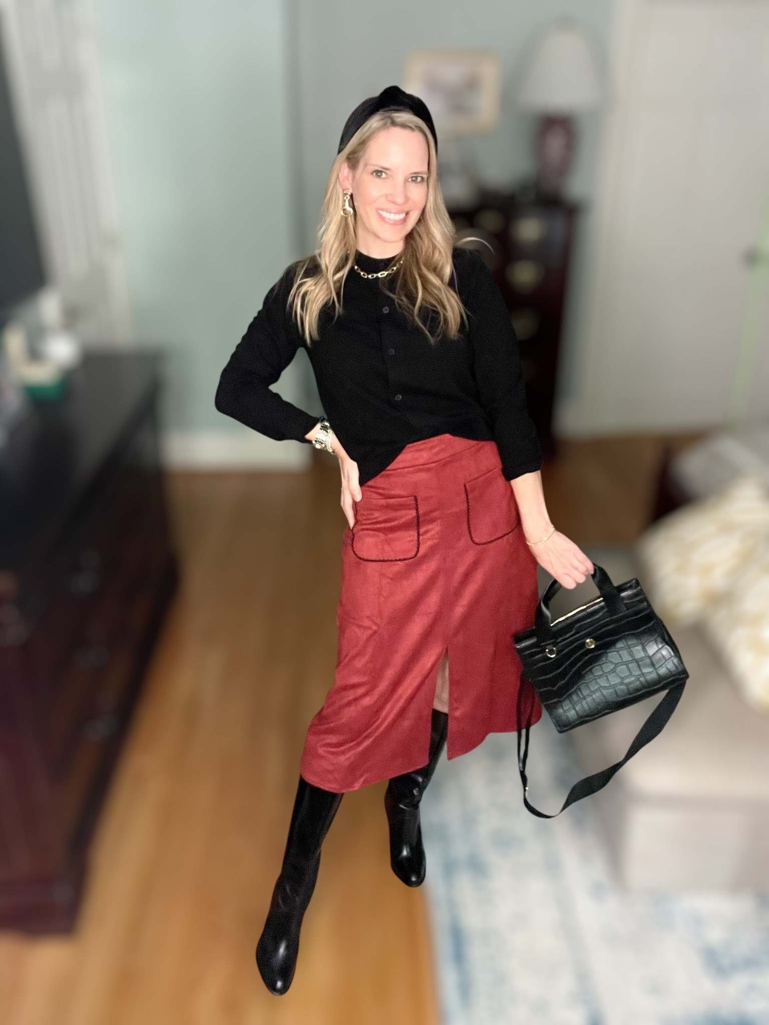 ✨ Fall outfit inspo that mixes luxe + affordable ✨ This chic fall midi skirt outfit is perfect for the office, date night, church, or fall events 🍁 I styled a faux suede midi skirt with slit and front pockets (Amazon find under $20 🙌) with a classic black button-down cardigan top (Walmart must-have!) and elevated the look with black patent leather knee-high boots from Michael Kors 👢

For accessories, I styled a black croc embossed tote bag (Amazon affordable handbag), a velvet knotted headband (Lele Sadoughi hair accessory), a gold chain necklace (Melinda Maria jewelry), and statement goldtone horse bit earrings (Walmart fashion jewelry steal under $10 ✨). I also added my Abbott Lyon two-tone pearl link watch for a timeless, polished touch ⌚

This look proves you don’t have to spend a fortune to look luxe — mixing high-end designer style with budget-friendly fashion finds creates a timeless and polished vibe. Pair with tall boots now or swap in heels later for a chic holiday party outfit 🎉 Plus, I linked budget-friendly alternatives to my boots & jewelry so you can get this look at every price point 🖤

🖤 Shop the exact pieces + affordable alternatives below — all linked for easy shopping!

 fall outfits 2025, women’s midi skirt outfit, black cardigan outfit, affordable fall fashion, workwear outfit ideas, church outfit fall, date night outfit inspiration, holiday party outfit, Amazon fall fashion finds, Walmart affordable style, Michael Kors boots lookalike, budget-friendly jewelry alternatives, Lele Sadoughi headband style, Amazon handbags for fall, chic fall wardrobe essentials.


#LTKShoeCrush #LTKFindsUnder100 #LTKFindsUnder50